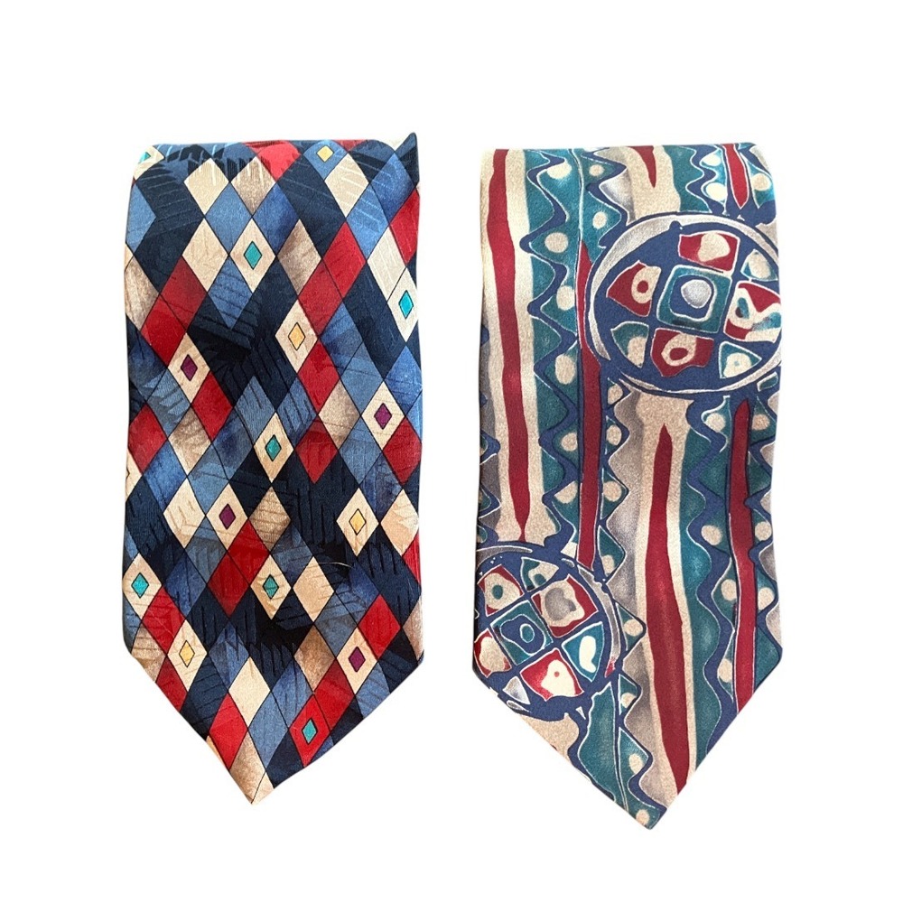 LOT OF 2 Oscar De La Renta MENS SILK NECK TIES Geometric/Abstract RED BLUE BEIGE